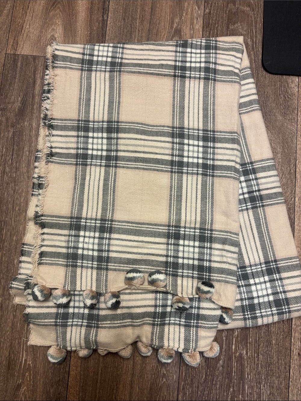 J. Crew Plaid Scarf/ Shaw Wrap Cape Poncho Beige and Green Plaid Pom-Pom